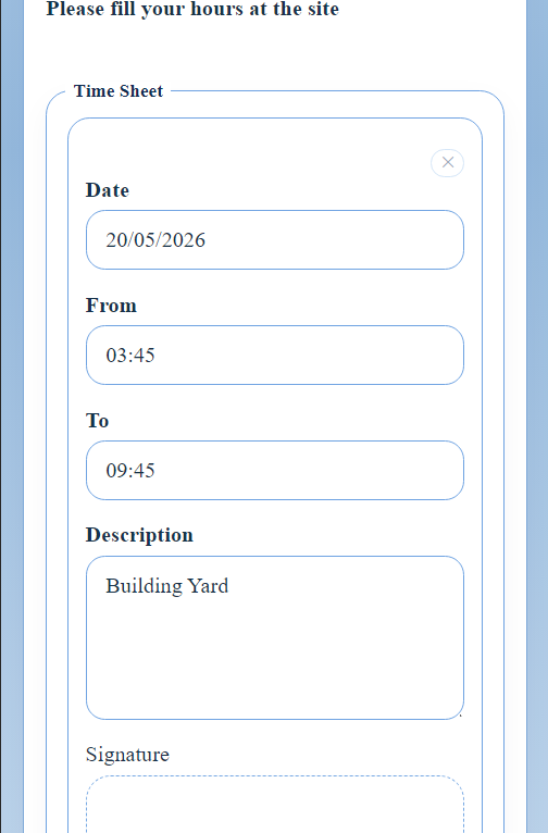 Salesforce timesheet form on mobile &mdash; verification, time entry, and signature pad rendered on a phone screen for contractors and employees in the field