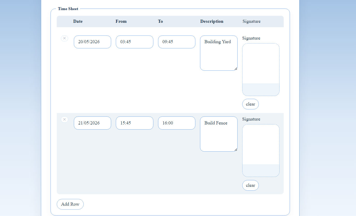 Salesforce timesheet form showing multiple weekly time entries &mdash; projects, daily hours, and totals across multiple rows in one submission