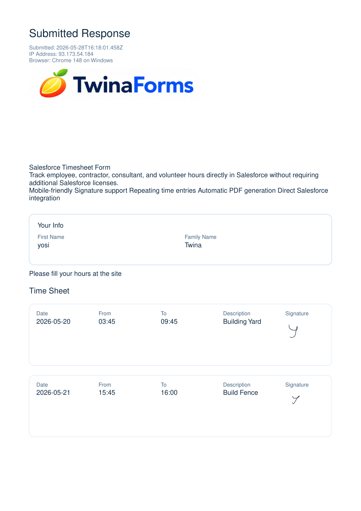 Sample signed Salesforce timesheet PDF receipt &mdash; project rows, daily hours, totals, and drawn signature, auto-generated on submit and attached to the Salesforce timesheet record